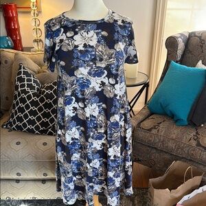 LuLaRoe Blue, grey, black and White Floral Dress